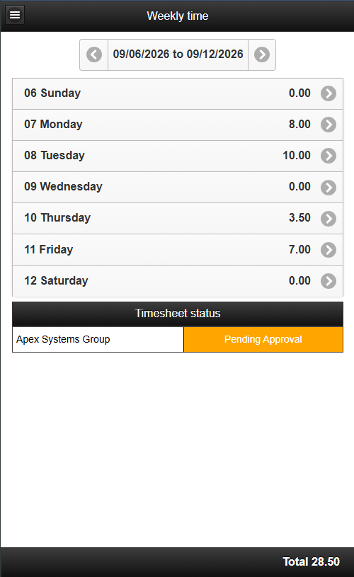 Timogix mobile weekly time view using fictional project data